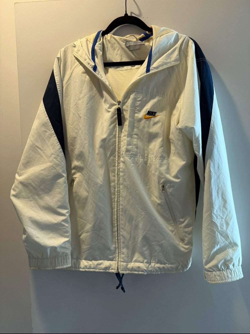 Nike Cream and Navy Hooded Windbreaker with Yellow Swoosh